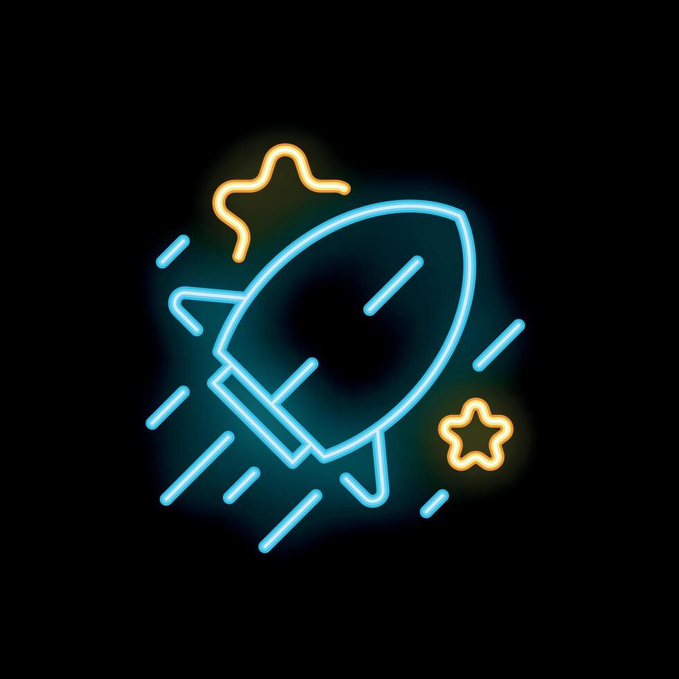 Neon rocket ship flying through space with stars illustration vector