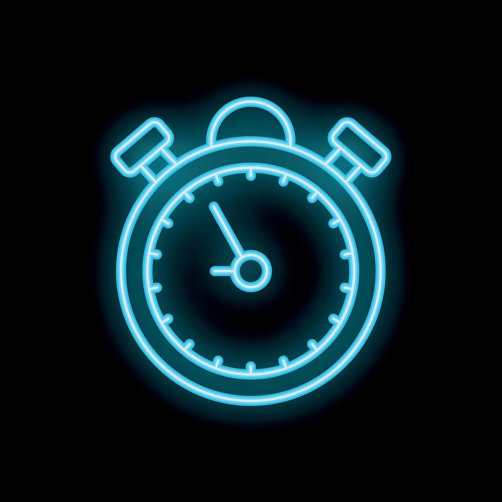 Blue neon stopwatch icon glowing on dark background vector