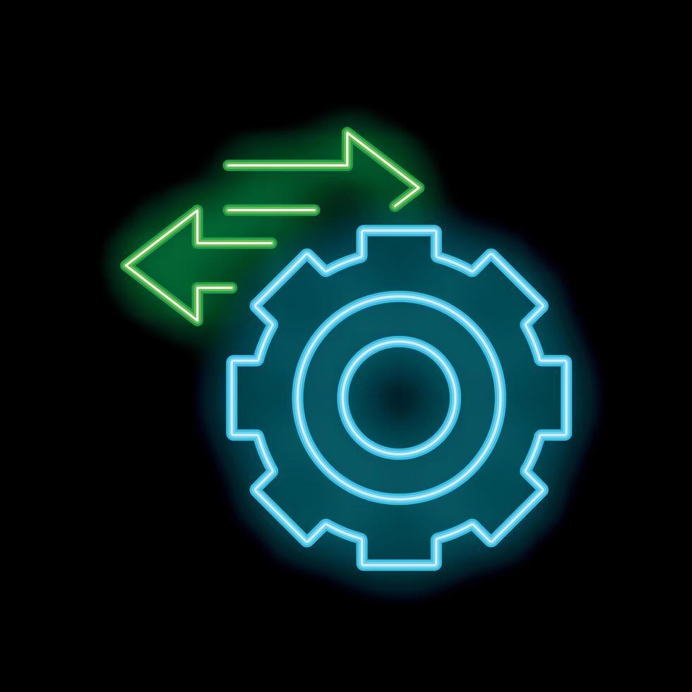 Neon green arrows pointing at blue glowing gear on black background vector