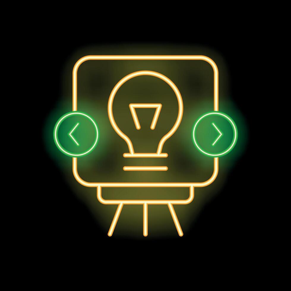 Neon sign showing a light bulb on a projection screen with left and right arrows for brainstorming and idea generation vector