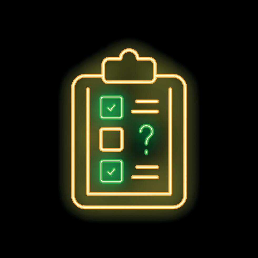 Neon glowing clipboard with checklist and question mark on black brick wall vector