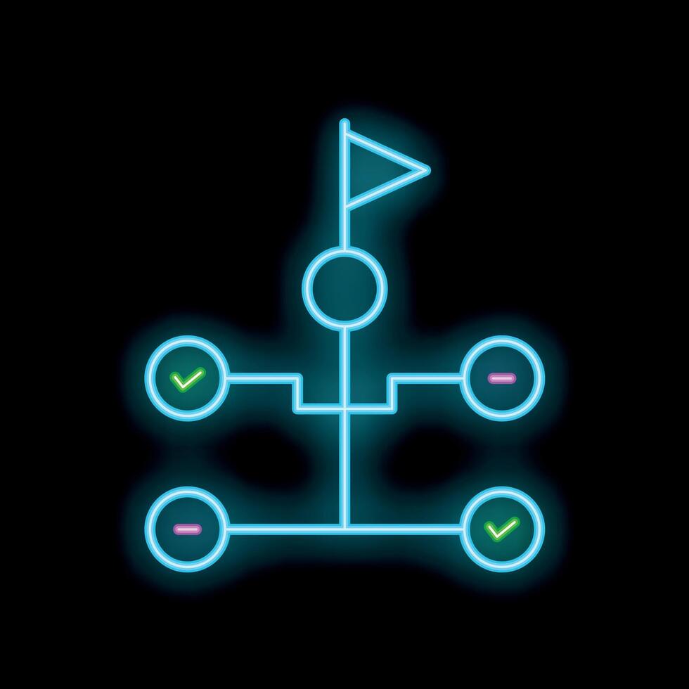 Neon algorithm showing path to success with checkmark flag on black ...