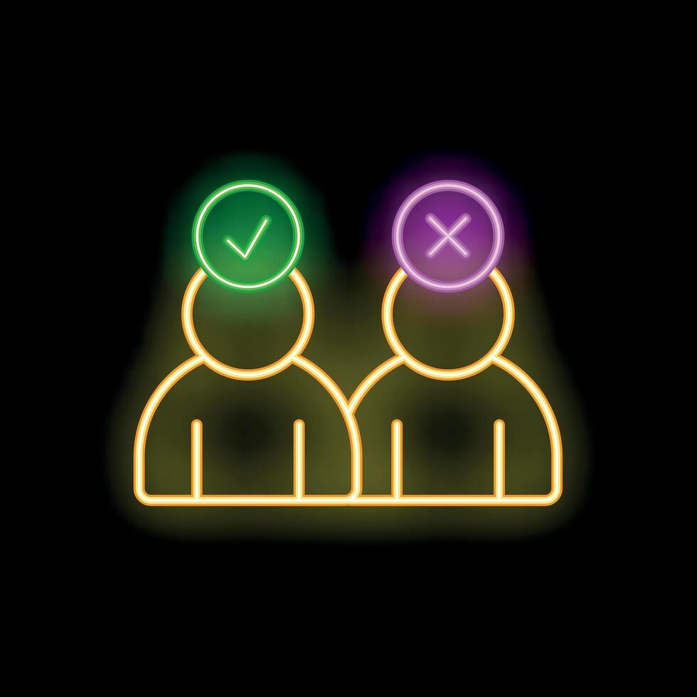 Neon sign showing opposite opinions with check and cross marks above people vector