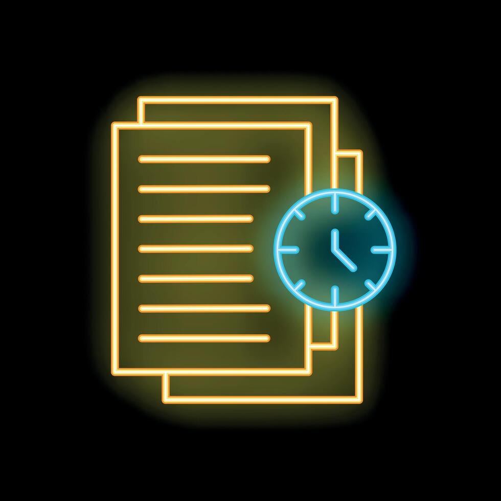 Neon icon of clock showing time limit for finishing documents vector