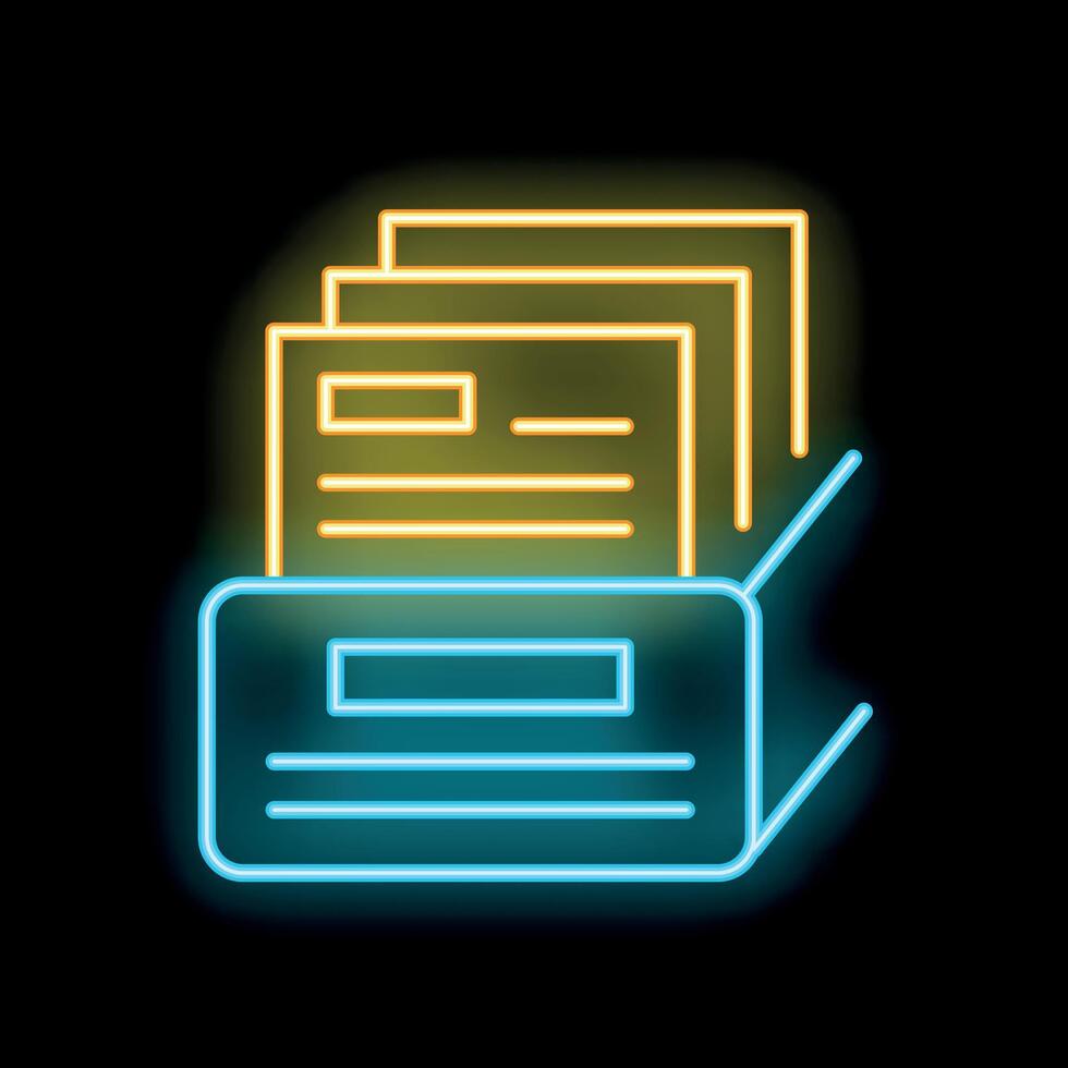 Neon icon of a printer printing documents on black background vector