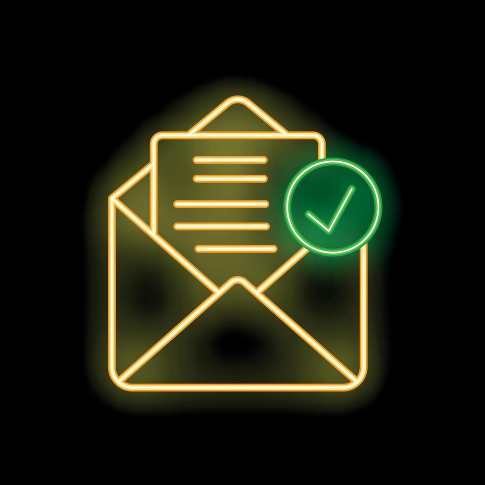 Neon envelope with check mark showing successful delivery of email vector