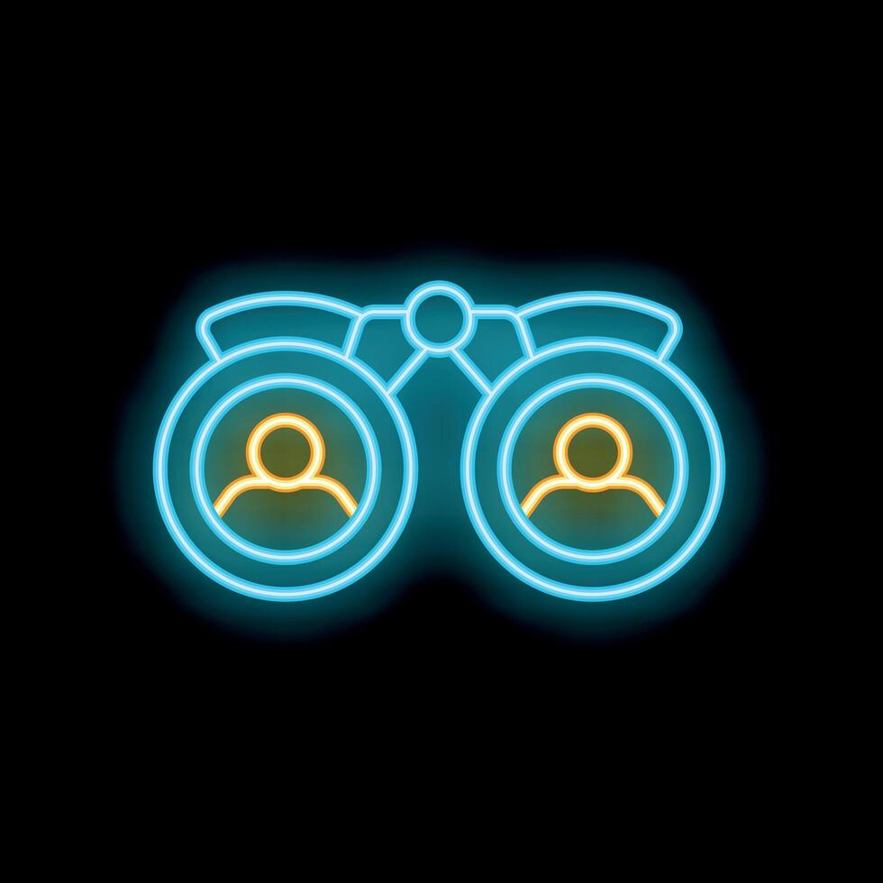 Neon icon of binoculars showing user profiles representing customer analysis vector