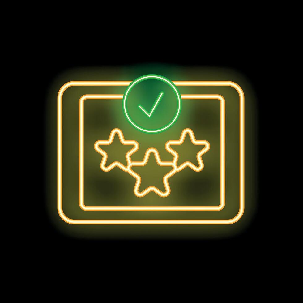 Neon icon showing customer satisfaction with three stars and check mark vector