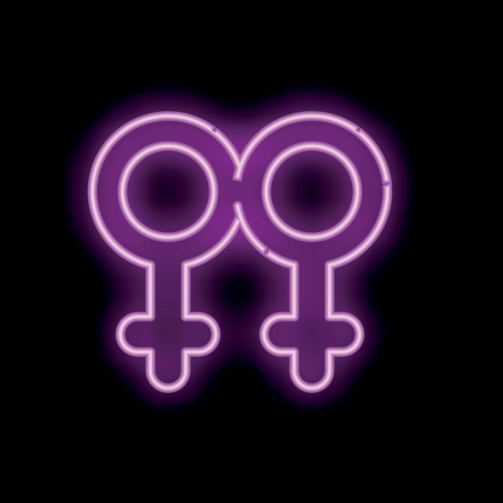 Two female gender symbols forming a pink neon glow on black background vector