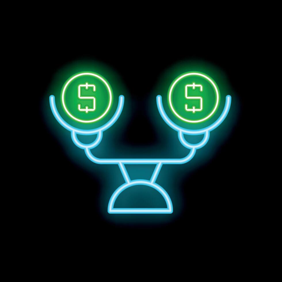Neon sign representing a balance scale weighing two dollar coins vector