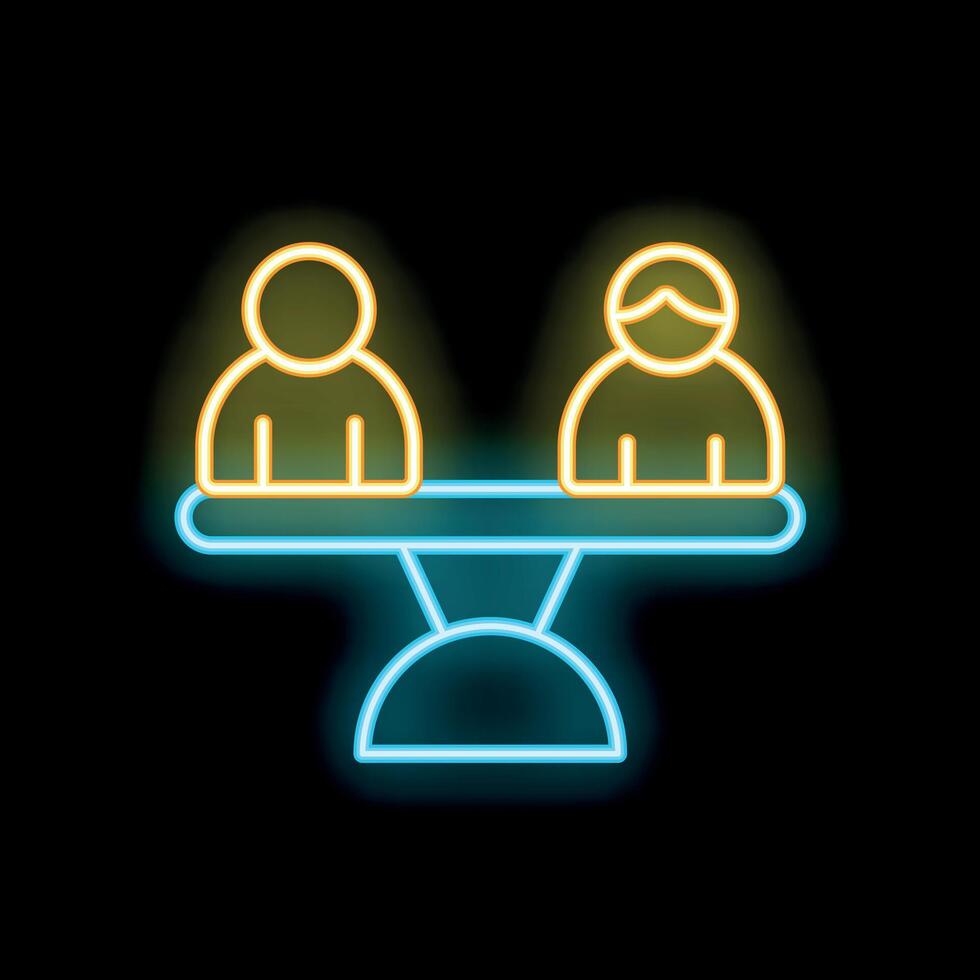 Neon icon of people standing on a seesaw representing equality and balance vector