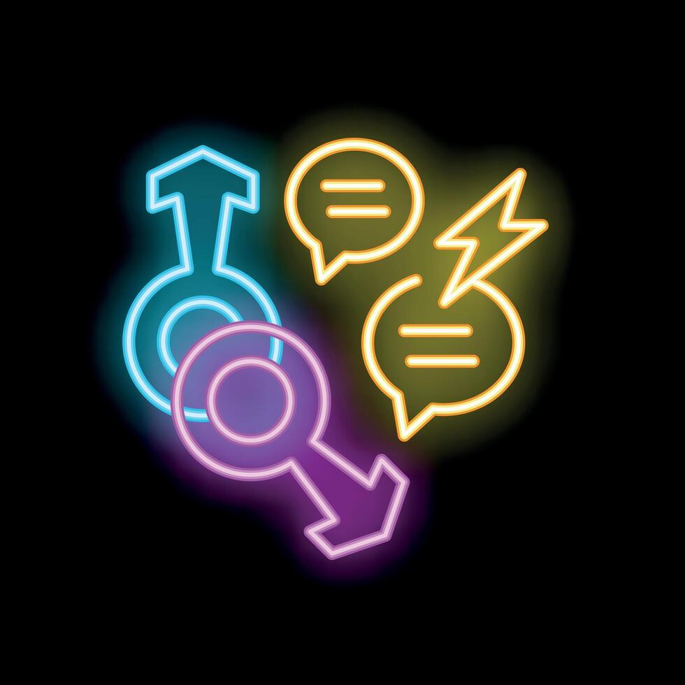 Neon gender symbols communicating with speech bubbles and lightning bolt vector