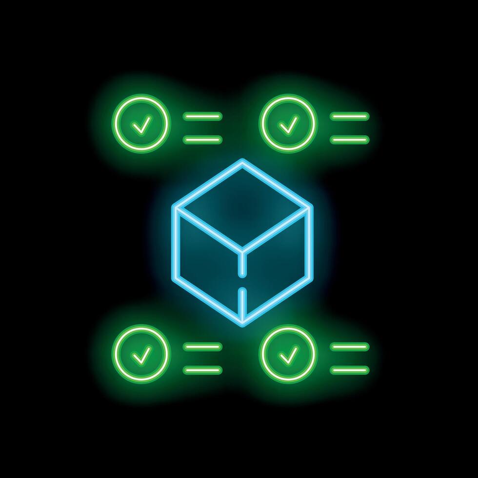 Neon sign representing blockchain technology with checkmark symbols and cube vector