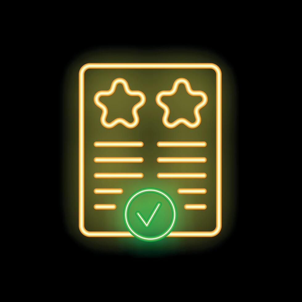 Neon icon of customer satisfaction survey with check mark and stars vector
