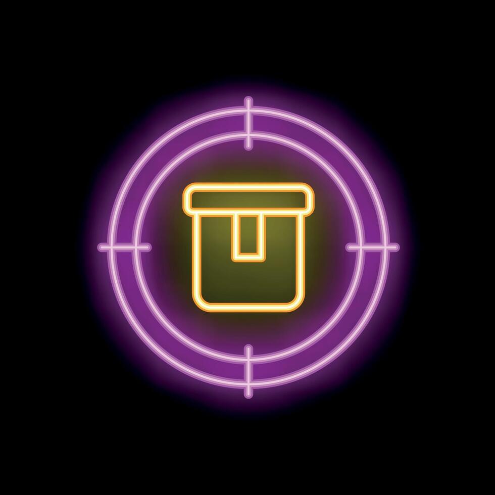 Neon sign representing targeting the right delivery with a cardboard box inside a crosshair vector
