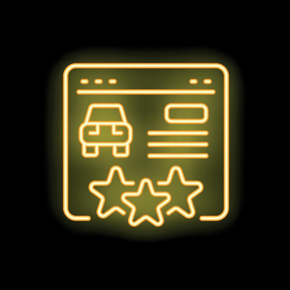 Neon icon of car website rating with three stars representing customer satisfaction vector