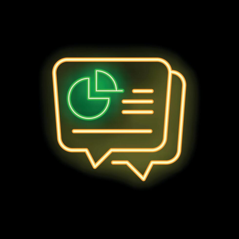 Neon speech bubble showing pie chart with data analysis on black brick wall background vector