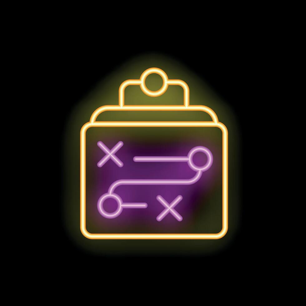 Neon strategy clipboard icon glowing with purple lines on black background vector
