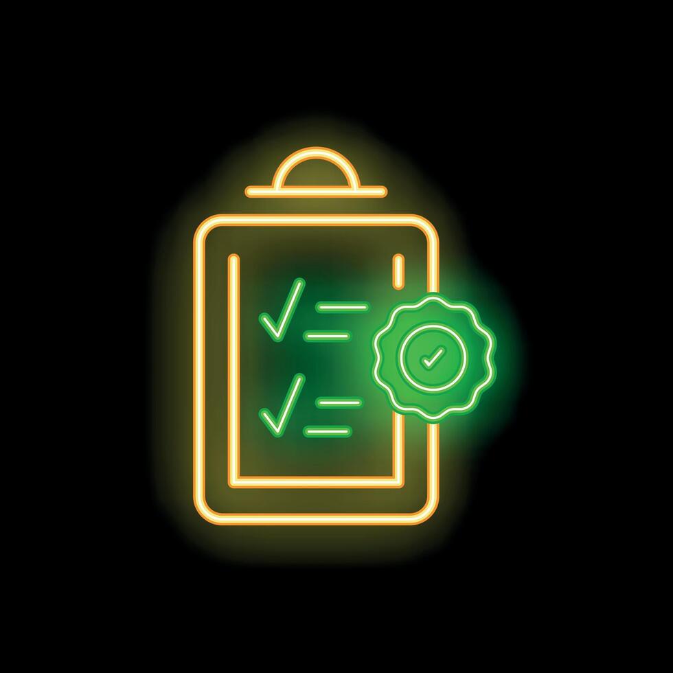 Neon green clipboard showing checkmarks representing completing a checklist vector
