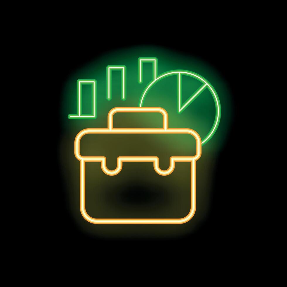 Neon business case with growing bar graph and pie chart icon vector