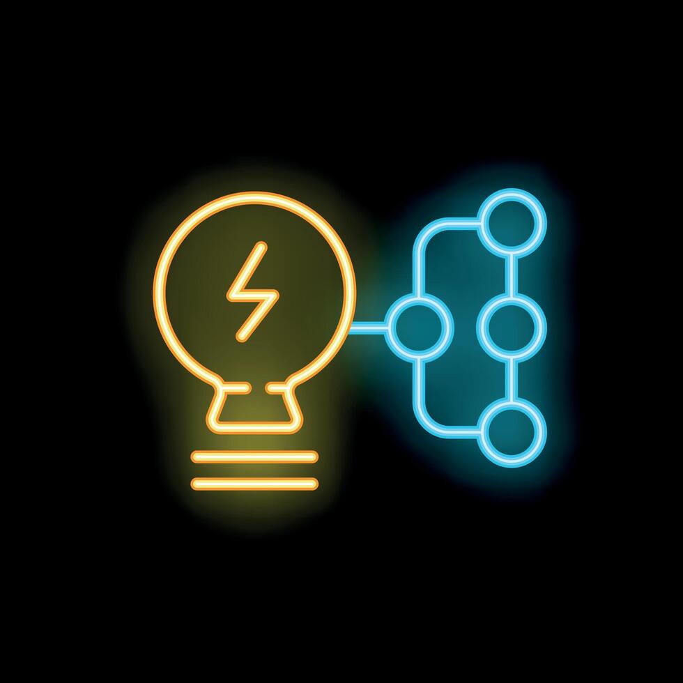 Neon lightbulb connecting to a network representing brainstorming and idea generation vector