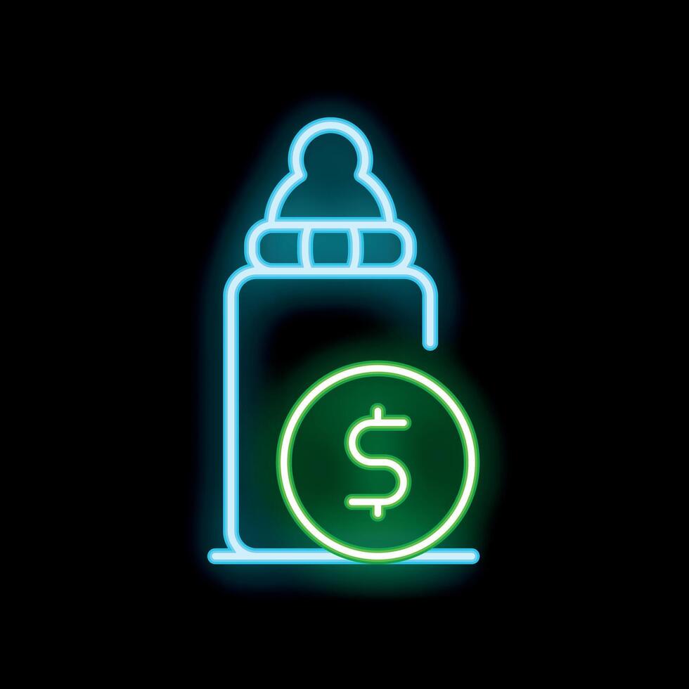 Glowing neon icon of baby bottle with dollar sign representing cost of formula vector