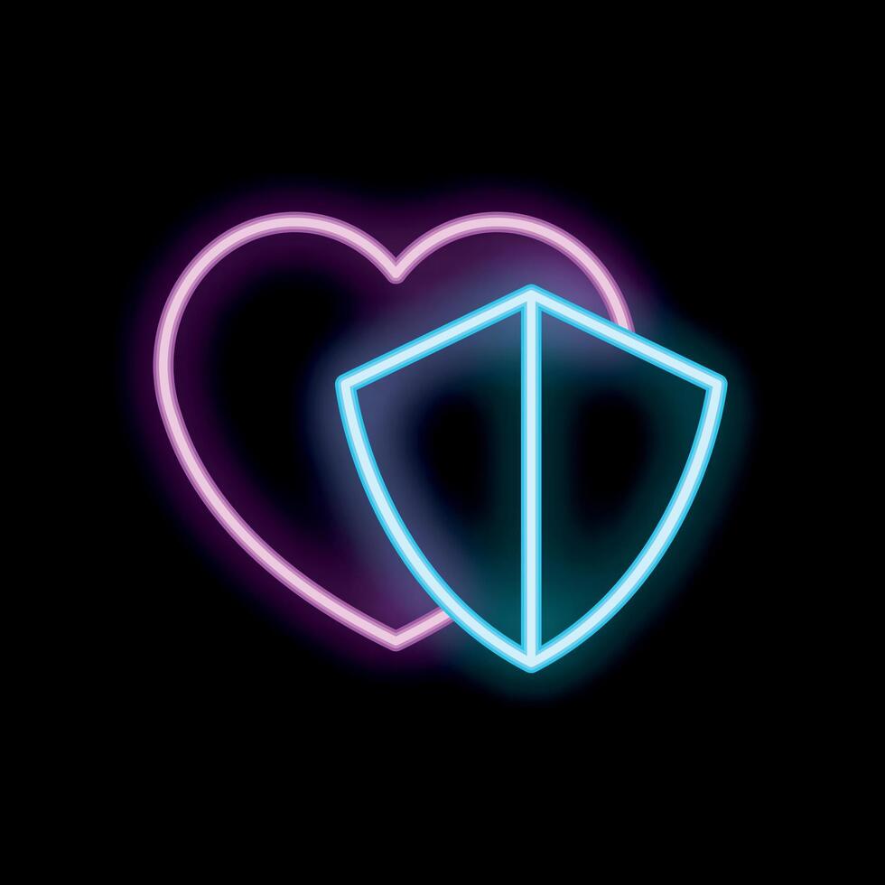 Neon heart shape being protected by a shield vector