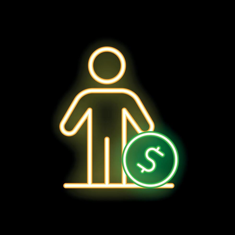 Neon icon of person standing next to dollar coin on black background vector