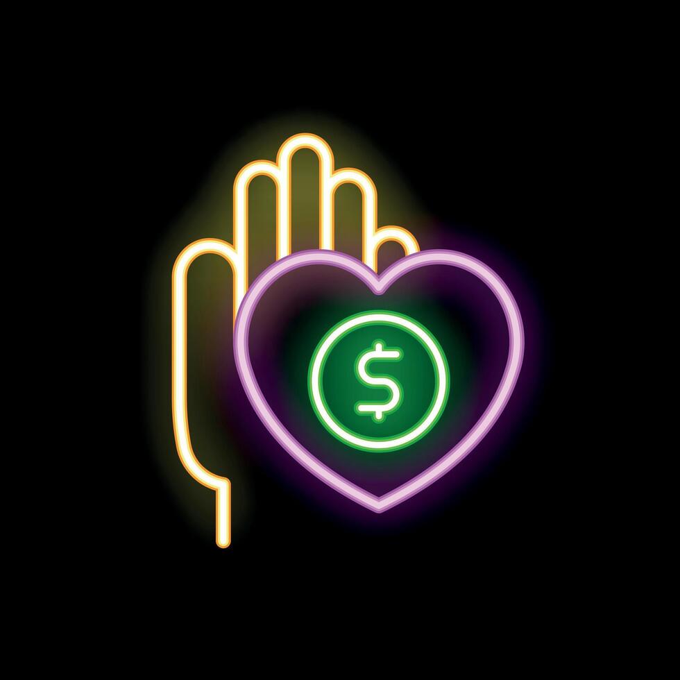 Neon hand holding heart with dollar coin inside vector