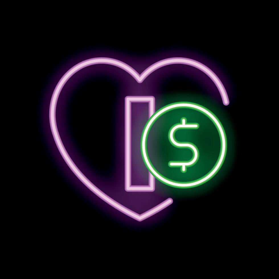 Neon heart combining with a dollar coin symbolising love of money vector