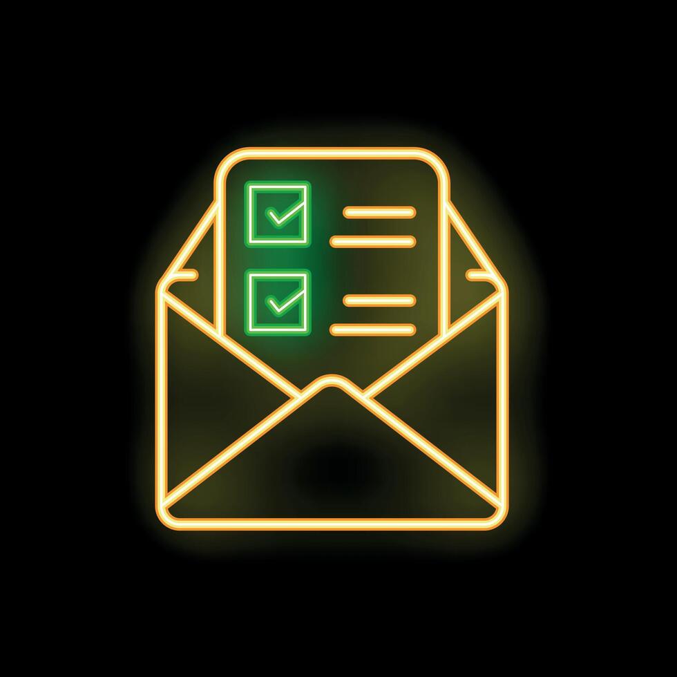 Neon icon of open mail envelope containing checklist representing completed tasks vector