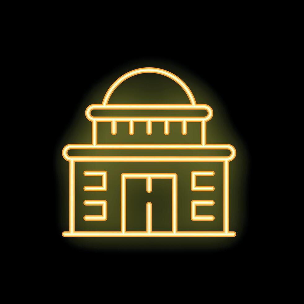 Neon yellow government building icon with dome shining on black background vector
