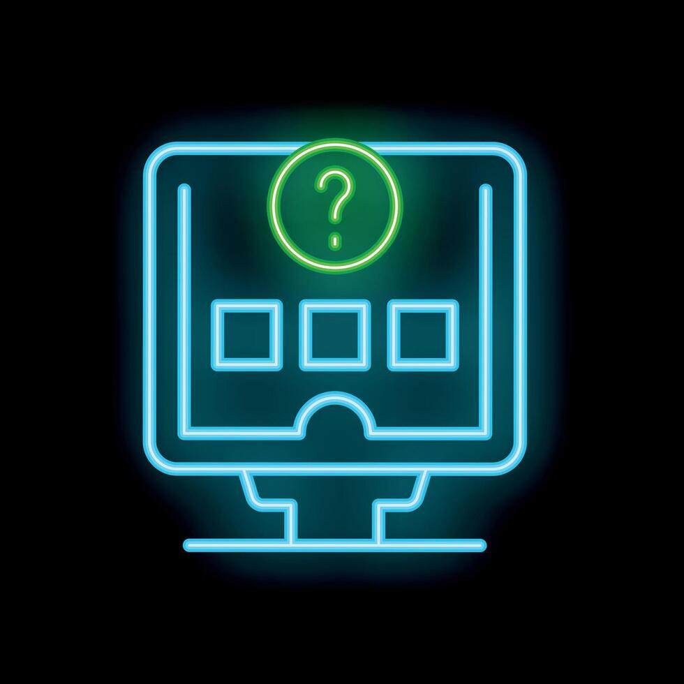 Neon computer screen displaying question mark inside website interface vector
