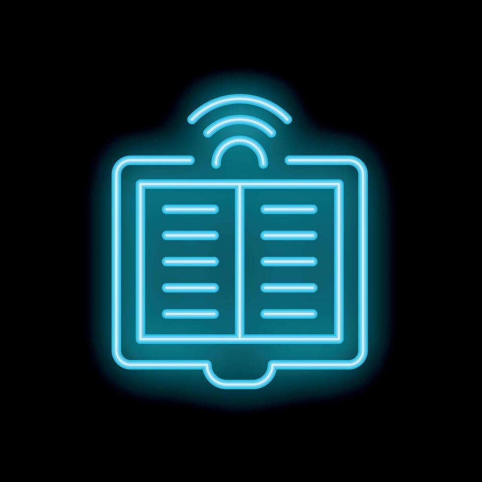 Neon icon of ebook reader sending wireless signal vector