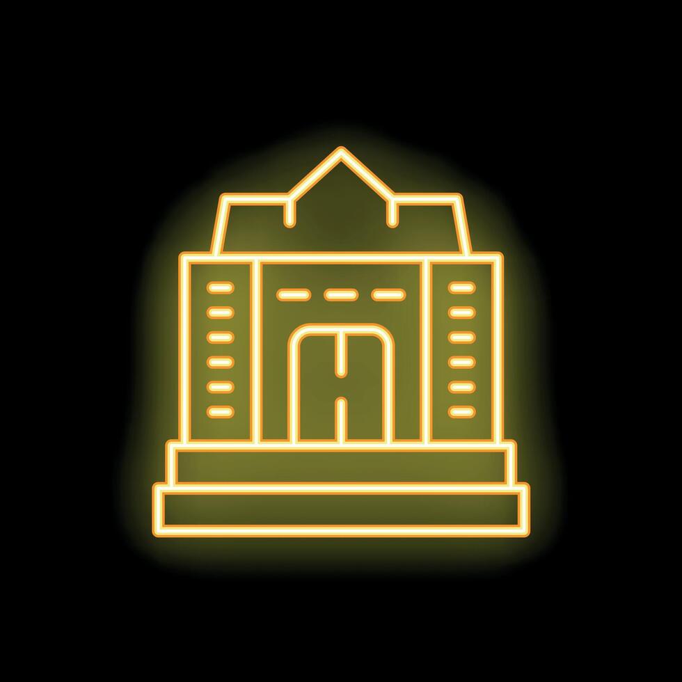 Yellow neon sign of a building with stairs and columns on a black background vector