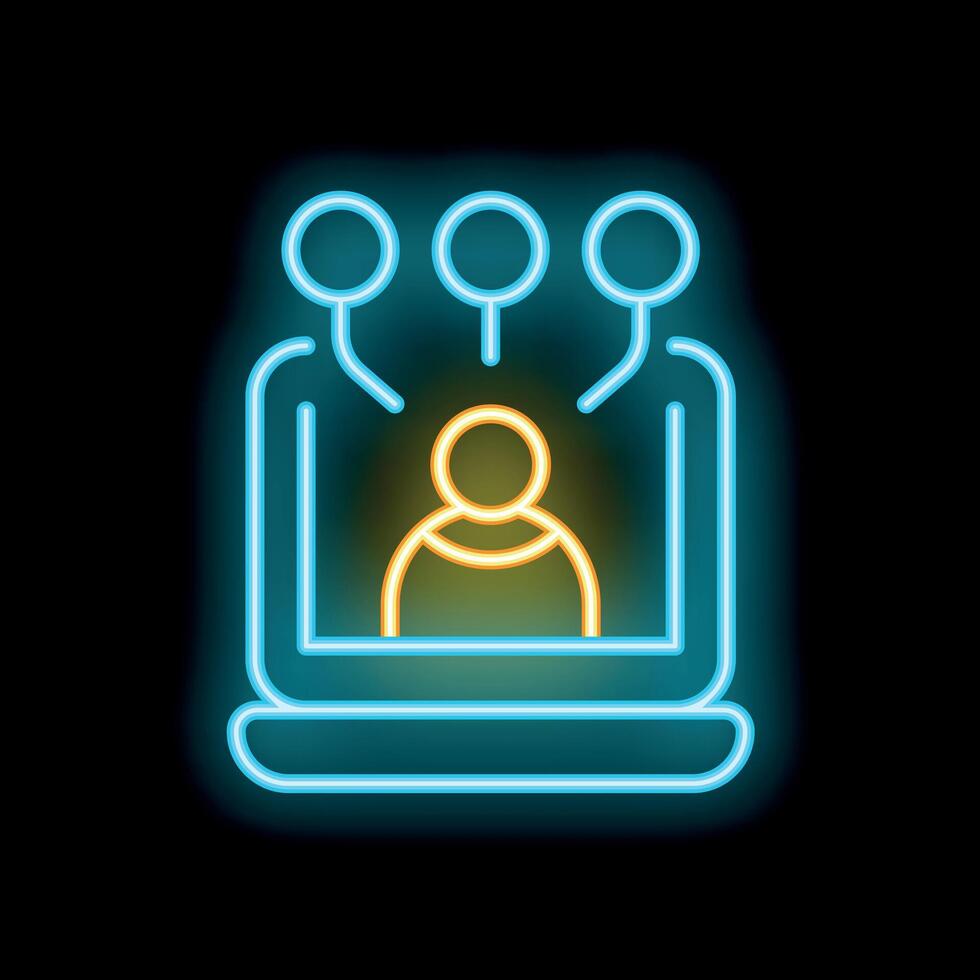 Neon icon of people connecting through laptop computer vector