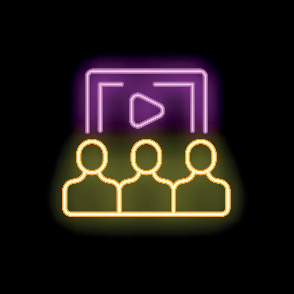 Group of students watching online course on tablet neon sign vector