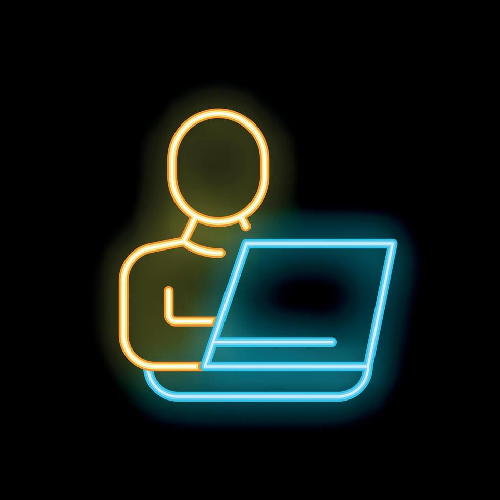 Neon sign of person working on laptop on black background vector