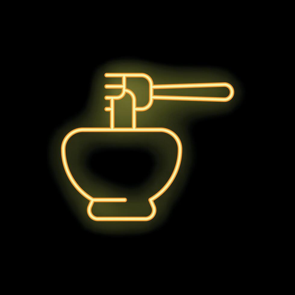 Yellow neon sign of fork lifting spaghetti from bowl on black background vector
