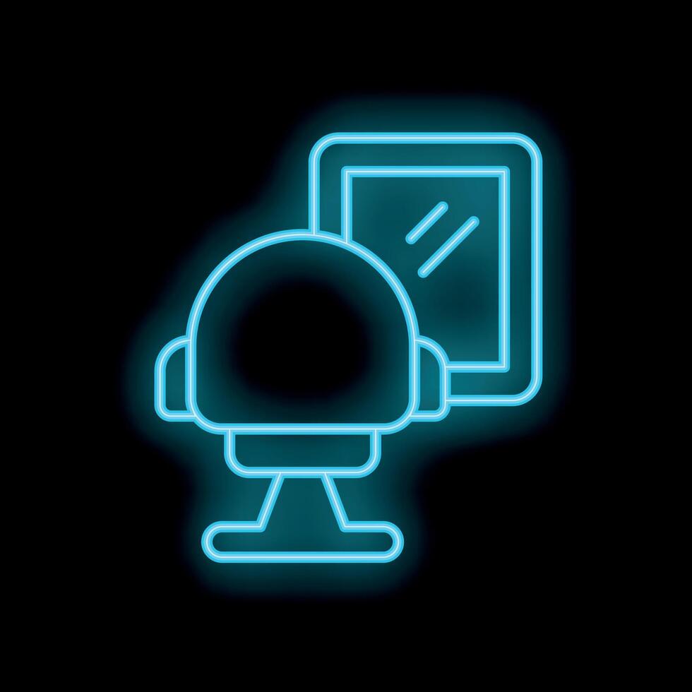 Blue neon icon of a hairdresser chair and a mirror glowing on a black background vector