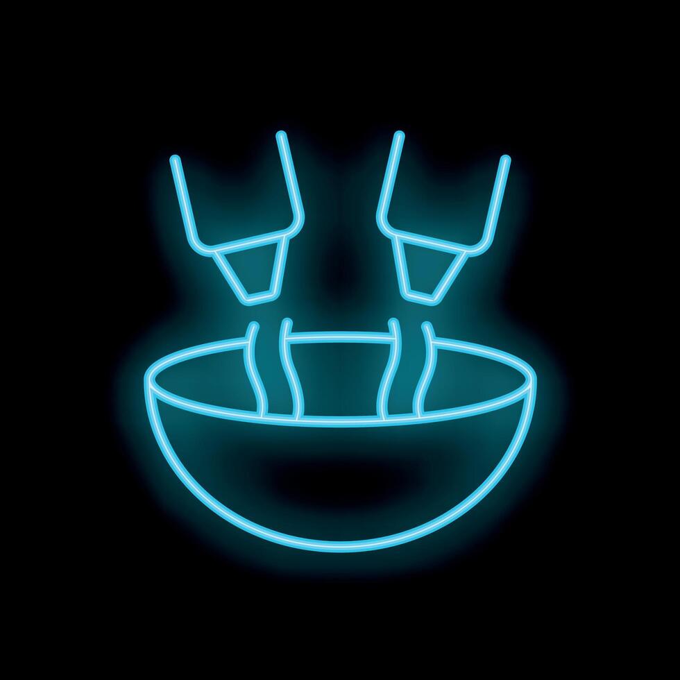 Neon icon of chopsticks picking food from bowl on black background vector