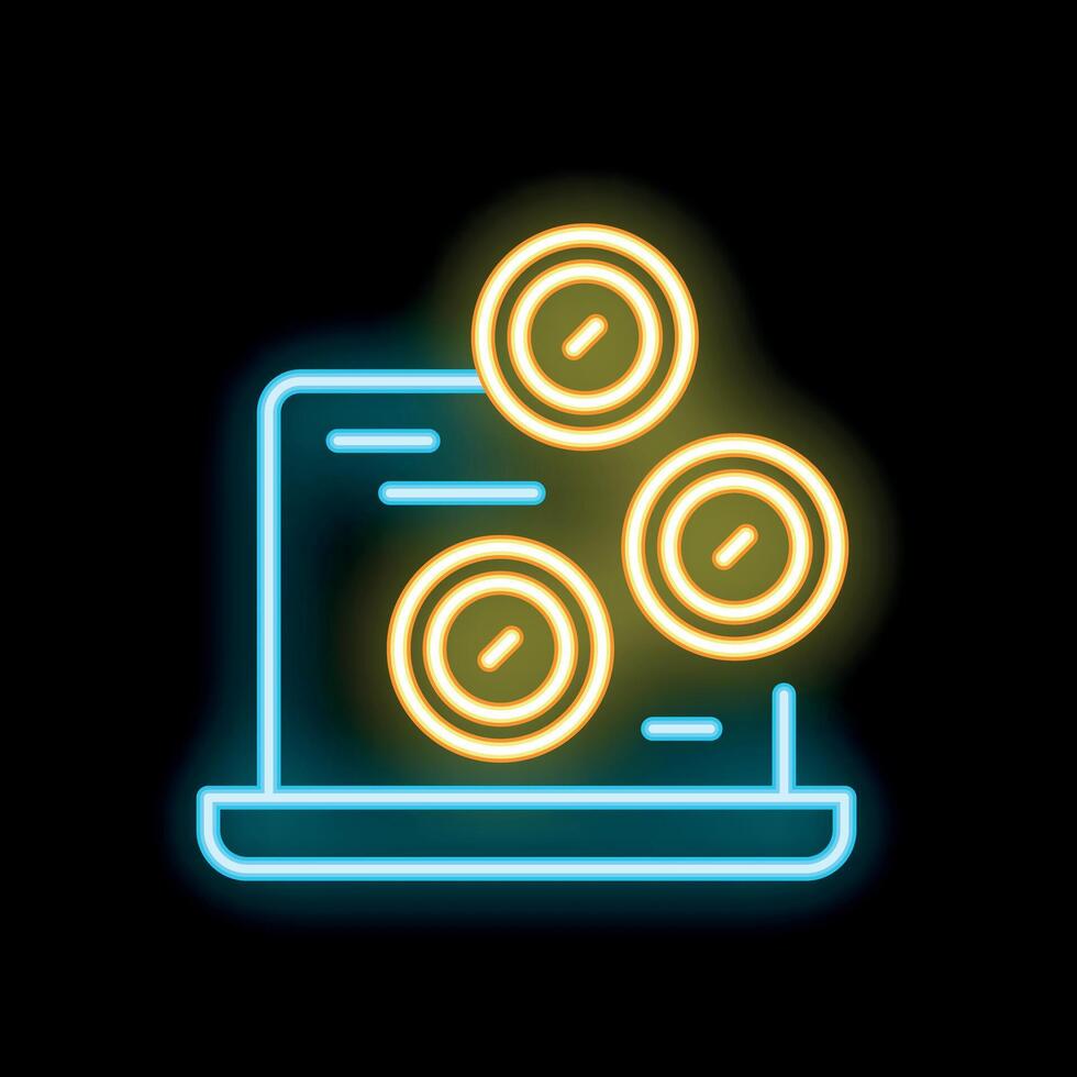 Neon sign representing online earning with laptop and coins vector