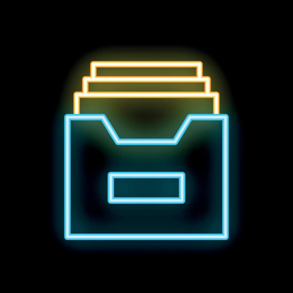 Neon icon of an archive box glowing blue and yellow on a black background vector