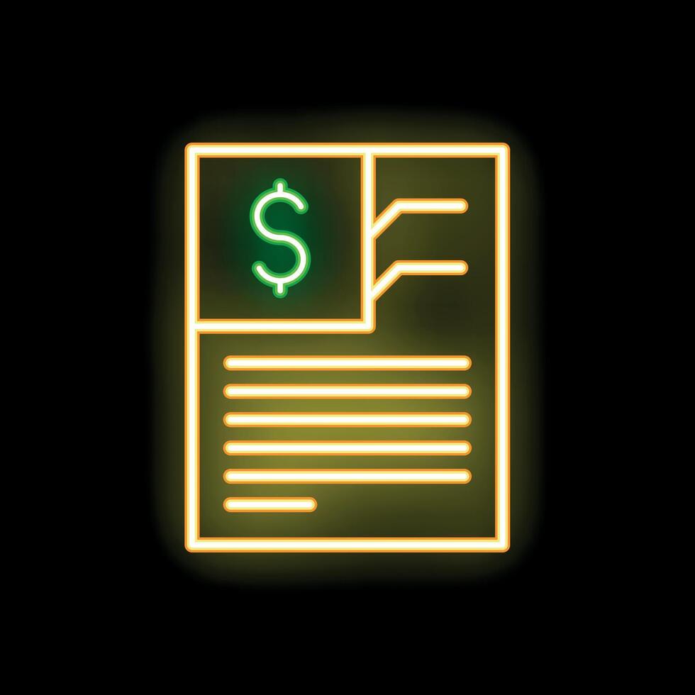 Neon glowing icon of financial document with dollar sign on black brick wall vector
