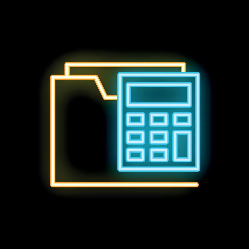 Neon icon of calculator overlapping folder on black background vector