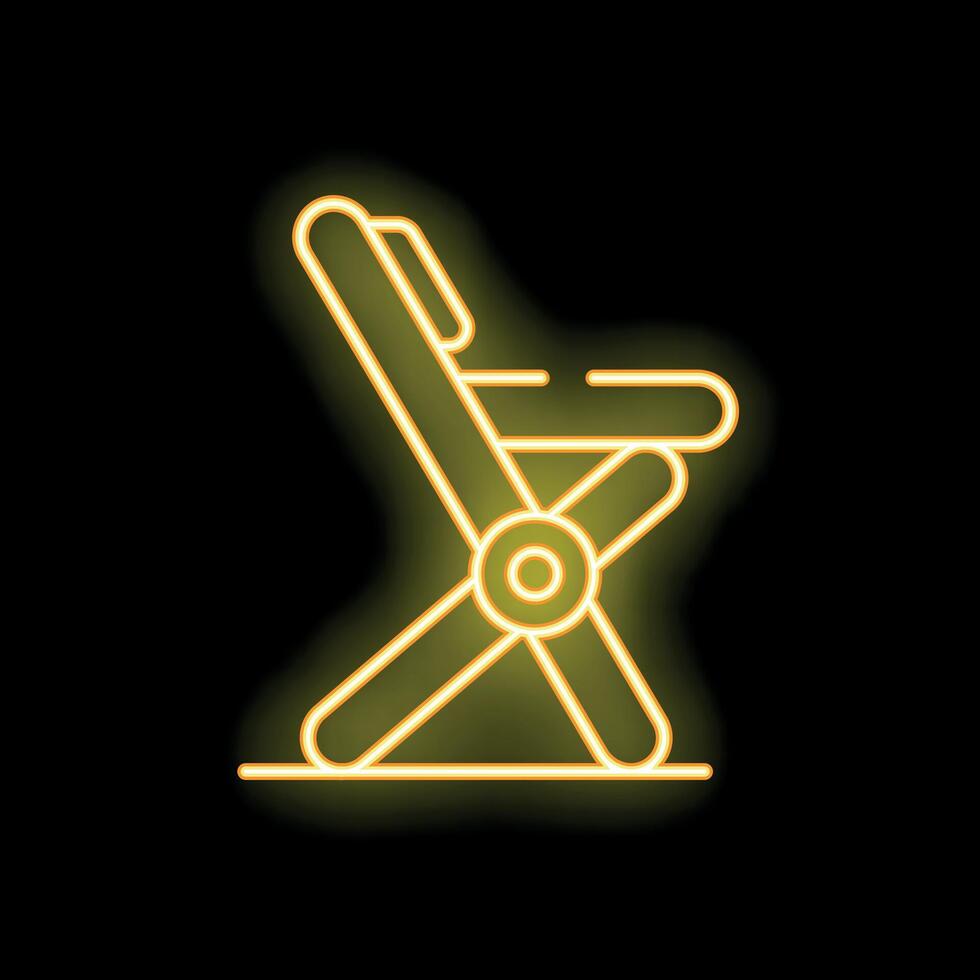 Neon icon of folding chair glowing yellow on black background vector