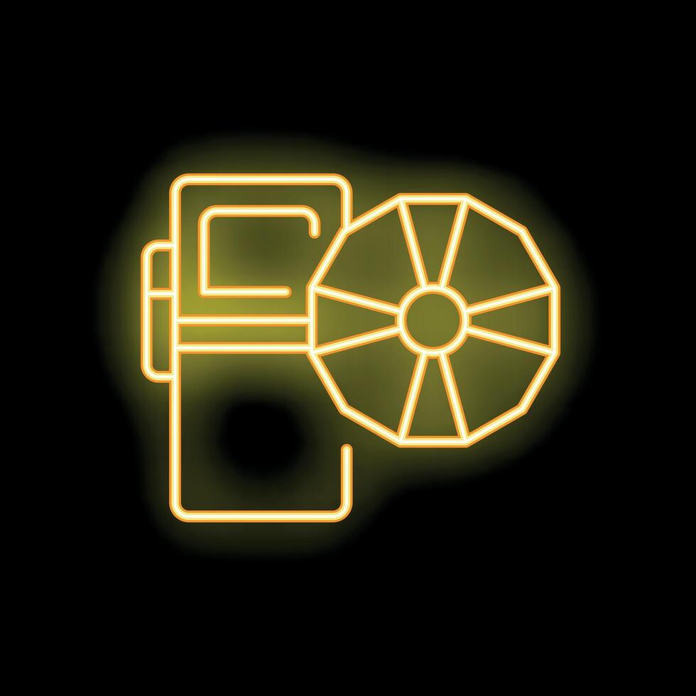 Yellow neon sign of professional studio flash with softbox on black background vector