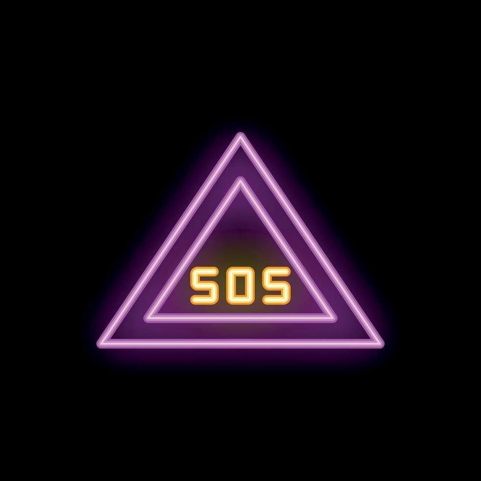 Neon sos sign with purple triangle glowing on black background vector