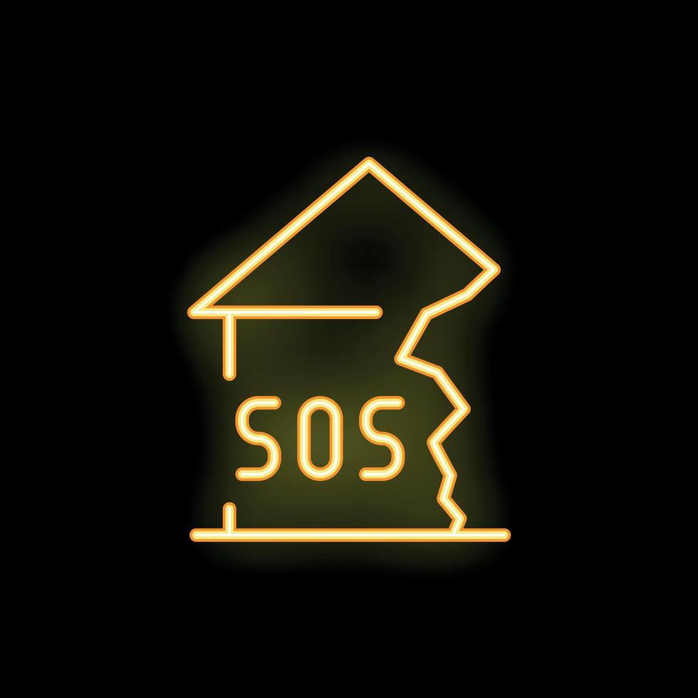 Neon style icon of destroyed house sending sos signal vector