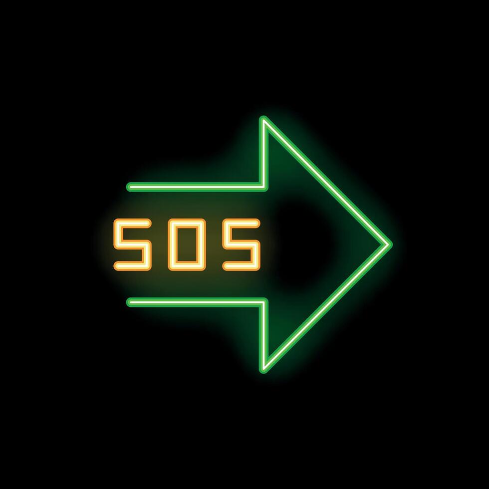 Green neon arrow showing sos signal on black background vector